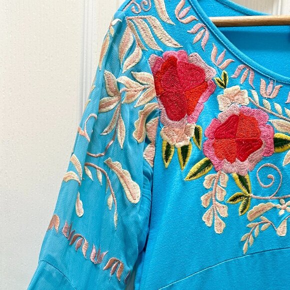 Tunique Embroidered Chiffon Tunic Top Women's Size S Blue Bell Sleeves Boho Chic - Picture 7 of 15